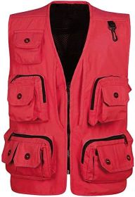 Men's Casual Multi Pocket Cargo Vest Outdoor Work Photography Fishing Vest Jacket (size: RED-L)