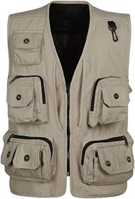 Men's Casual Multi Pocket Cargo Vest Outdoor Work Photography Fishing Vest Jacket (size: BEIGE-L)